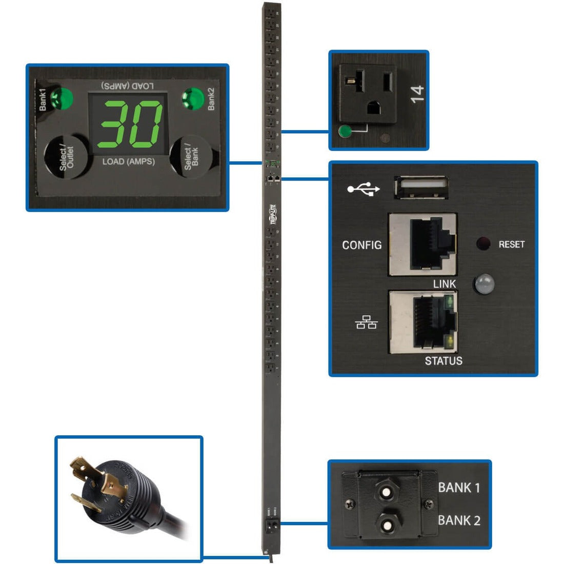 Eaton 2.9kW Single-Phase Switched PDU, LX Platform, Outlet Monitoring, 120V Outlets (24 NEMA 5-15/20R), L5-30P Plug, 0U, TAA — PDUMVR30NETLX