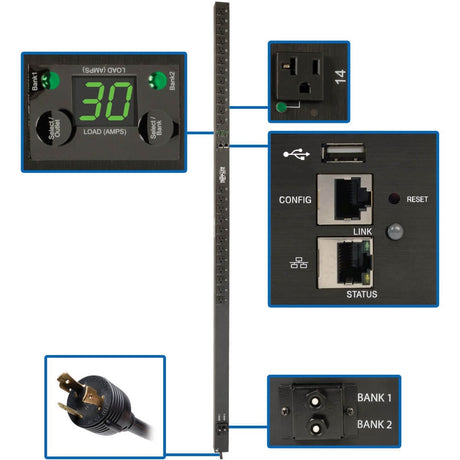 Eaton 2.9kW Single-Phase Switched PDU, LX Platform, Outlet Monitoring, 120V Outlets (24 NEMA 5-15/20R), L5-30P Plug, 0U, TAA — PDUMVR30NETLX