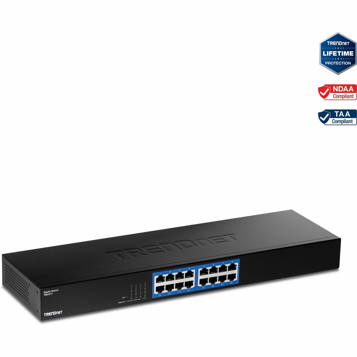 TRENDnet 16-Port Gigabit Switch, TEG-S17, 16 x Gigabit RJ-45 Ports, 32Gbps Switching Capacity, Fanless Design, Metal Enclosure, Internal Power Supply, Lifetime Protection, Black — TEG-S17
