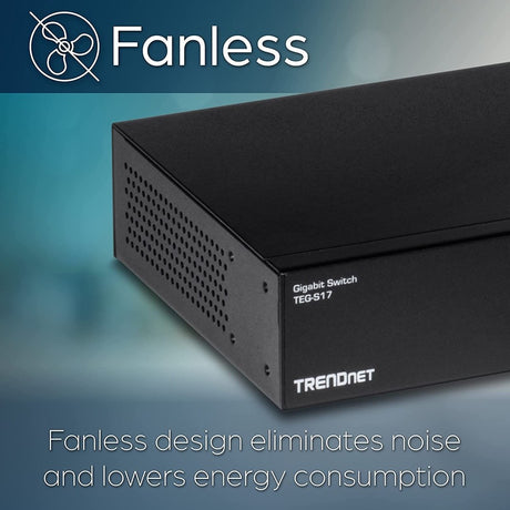 TRENDnet 16-Port Gigabit Switch, TEG-S17, 16 x Gigabit RJ-45 Ports, 32Gbps Switching Capacity, Fanless Design, Metal Enclosure, Internal Power Supply, Lifetime Protection, Black — TEG-S17
