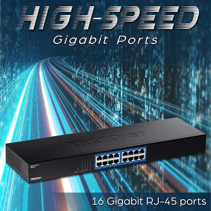 TRENDnet 16-Port Gigabit Switch, TEG-S17, 16 x Gigabit RJ-45 Ports, 32Gbps Switching Capacity, Fanless Design, Metal Enclosure, Internal Power Supply, Lifetime Protection, Black — TEG-S17