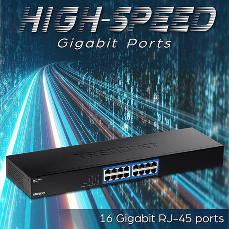 TRENDnet 16-Port Gigabit Switch, TEG-S17, 16 x Gigabit RJ-45 Ports, 32Gbps Switching Capacity, Fanless Design, Metal Enclosure, Internal Power Supply, Lifetime Protection, Black — TEG-S17
