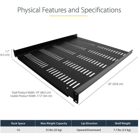 StarTech.com 1U Vented Server Rack Cabinet Shelf - Fixed 20" Deep Cantilever Rackmount Tray for 19" Data/AV/Network Enclosure w/Cage Nuts — SHELF-1U-20-FIXED-V