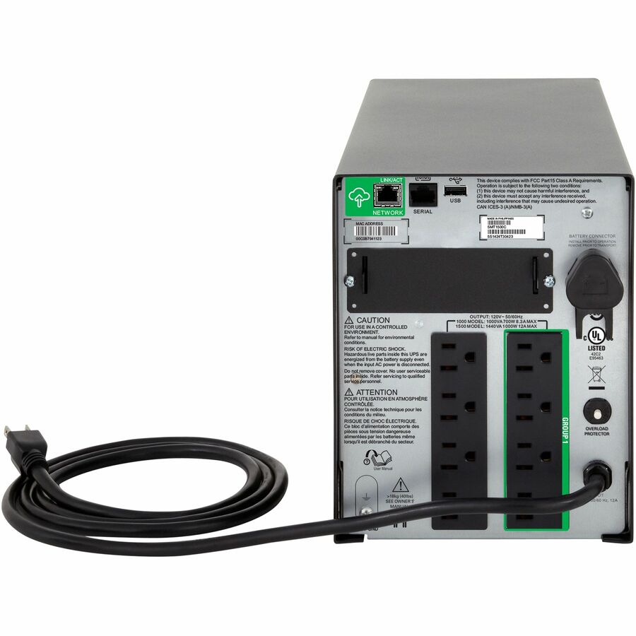 APC Smart-UPS, Line Interactive, 1000VA, Tower, 120V, 8x NEMA 5-15R outlets, SmartConnect Port+SmartSlot, AVR, LCD [TAA] — SMT1000CUS