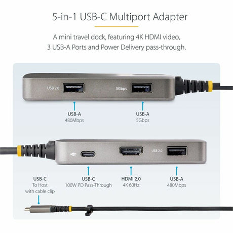 StarTech.com USB-C Multiport Adapter, 4K 60Hz HDMI, 3-Port USB Hub, 100W Power Delivery Pass-Through, Mini Dock, Windows/macOS/ChromeOS — 104B-USBC-MULTIPORT
