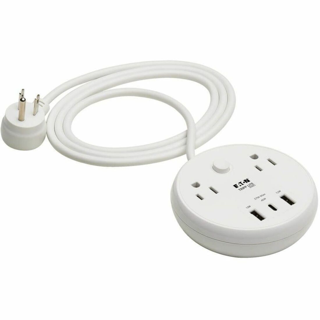 Eaton Tripp Lite Series Safe-IT 57W 2-Outlet Surge Protector - 5-15R Outlets, 3 USB Ports, 8 ft. (2.4 m) Cord, 300 Joules, Antimicrobial Protection, White — TLP28PD57WCAM