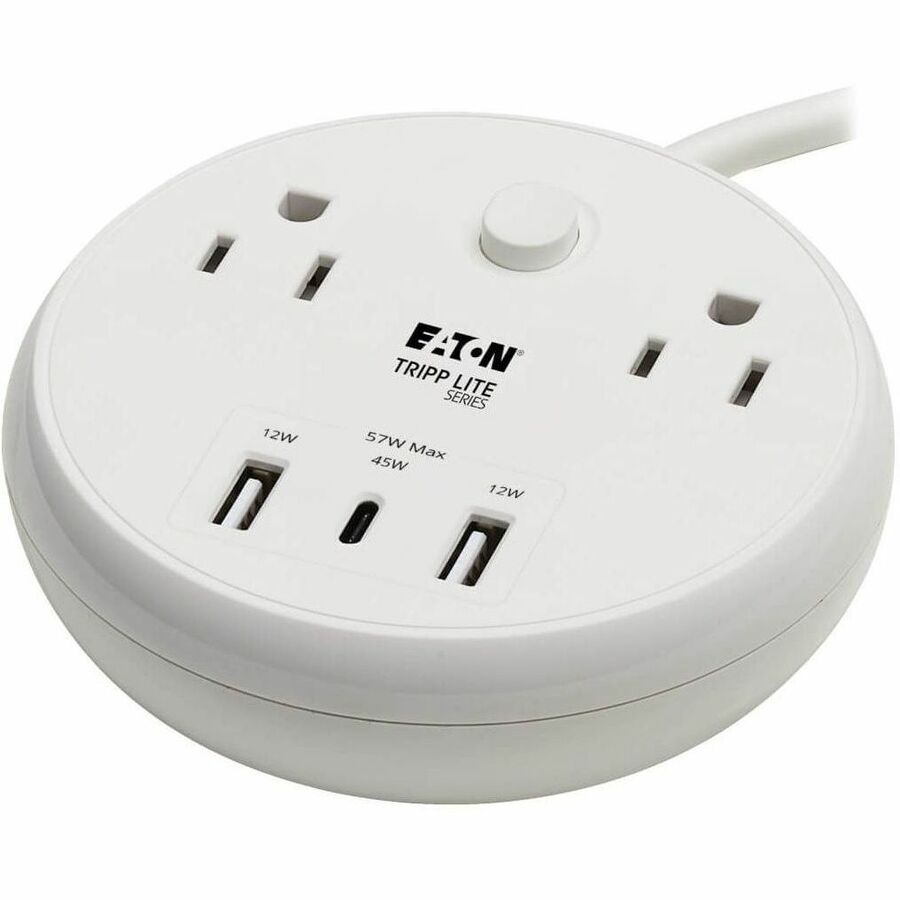 Eaton Tripp Lite Series Safe-IT 57W 2-Outlet Surge Protector - 5-15R Outlets, 3 USB Ports, 8 ft. (2.4 m) Cord, 300 Joules, Antimicrobial Protection, White — TLP28PD57WCAM