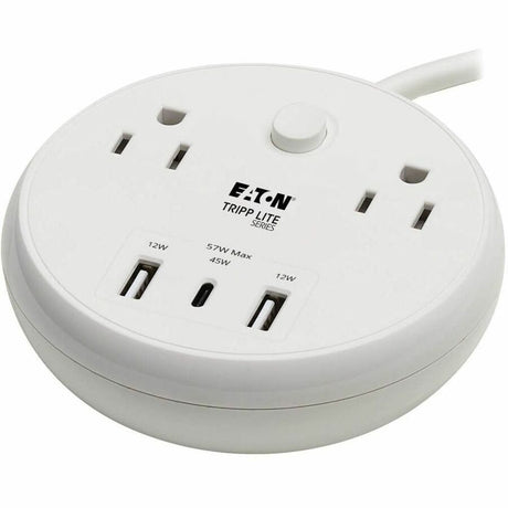 Eaton Tripp Lite Series Safe-IT 57W 2-Outlet Surge Protector - 5-15R Outlets, 3 USB Ports, 8 ft. (2.4 m) Cord, 300 Joules, Antimicrobial Protection, White — TLP28PD57WCAM