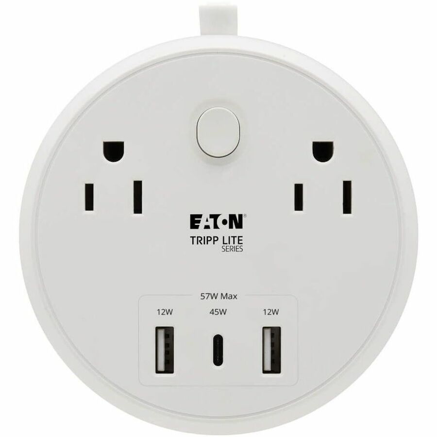 Eaton Tripp Lite Series Safe-IT 57W 2-Outlet Surge Protector - 5-15R Outlets, 3 USB Ports, 8 ft. (2.4 m) Cord, 300 Joules, Antimicrobial Protection, White — TLP28PD57WCAM