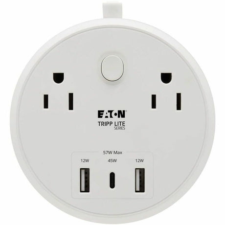 Eaton Tripp Lite Series Safe-IT 57W 2-Outlet Surge Protector - 5-15R Outlets, 3 USB Ports, 8 ft. (2.4 m) Cord, 300 Joules, Antimicrobial Protection, White — TLP28PD57WCAM