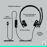 Logitech H570e USB Wired Stereo Headset, USB-C, Noise-Canceling Mics, Inline Controls, Certified for Microsoft Teams, Black — 981-001429