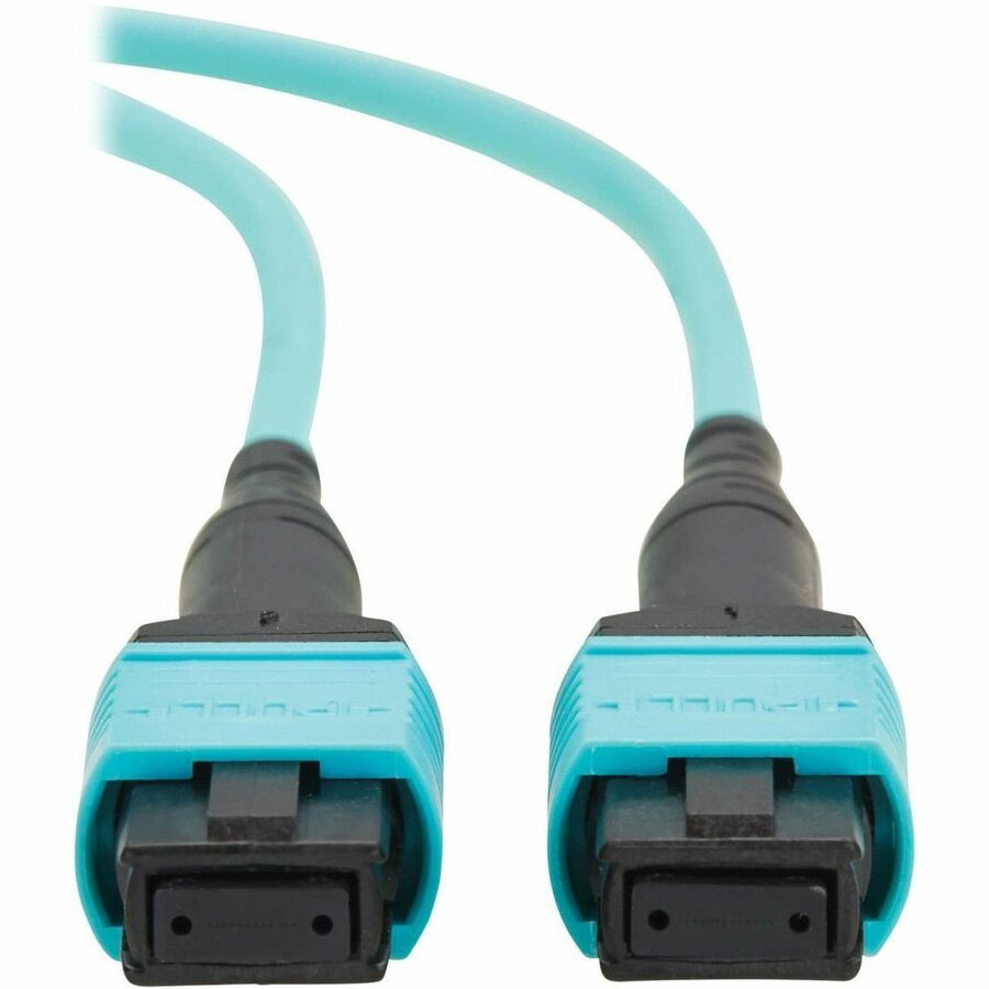 Eaton Tripp Lite Series 100G Multimode 50/125 OM4 Fiber Optic Cable (12F MPO/MPO-PC F/F), Type-B Polarity, OFNP, Aqua, 5 m (16.4 ft.), TAA — N845B-05M-12TAA