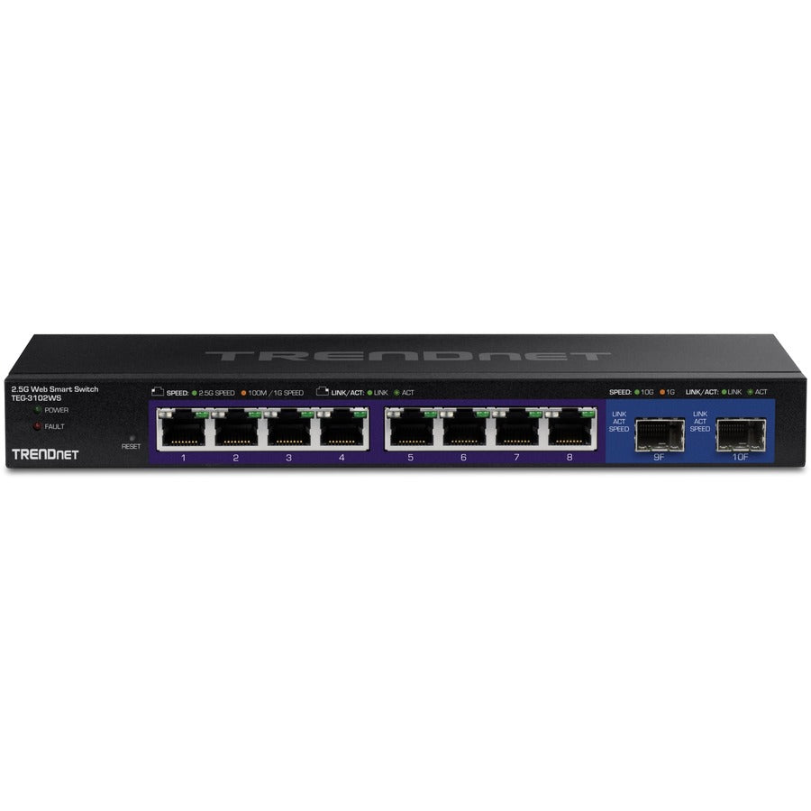TRENDnet 10-Port Multi-Gig Web Smart Switch, TEG-3102WS, 8 x 2.5GBASE-T Ports, 2 x 10G SFP+ Slots, Ethernet Splitter, Metal Housing, NDAA & TAA Compliant, Lifetime Protection, Black — TEG-3102WS