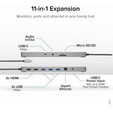 Plugable 11-in-1 USB-C Hub 100W USB-C Pass-through, Laptop Docking Station Dual Monitor with 4K 60Hz HDMI — USBC-11IN1E