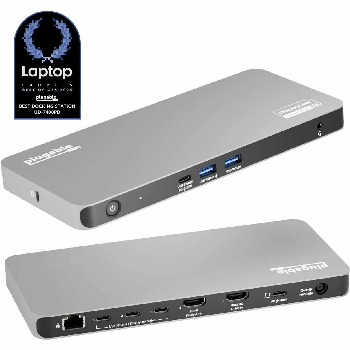 Plugable USB C Docking Station 5 Monitors, 140W DisplayLink Dock Connects up to Five 4K Displays for MacBook Windows Thunderbolt 4 Laptops — UD-7400PD