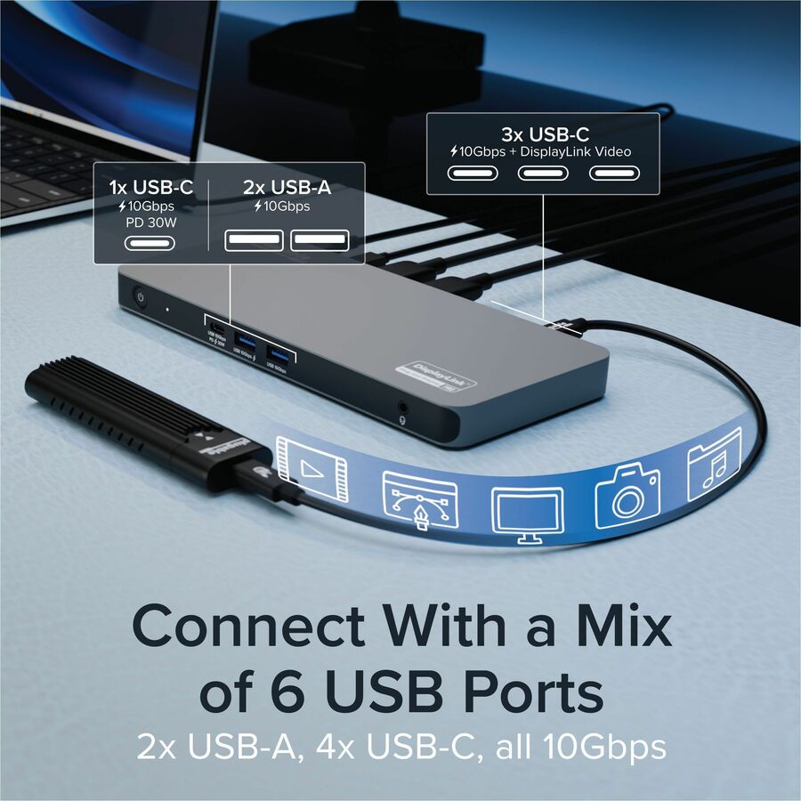 Plugable USB C Docking Station 5 Monitors, 140W DisplayLink Dock Connects up to Five 4K Displays for MacBook Windows Thunderbolt 4 Laptops — UD-7400PD