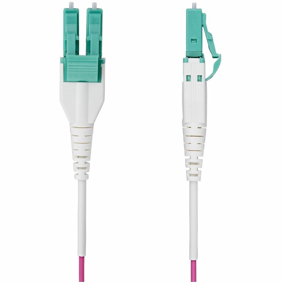 StarTech.com 30m (98ft) LC to LC (UPC) OM4 Multimode Fiber Optic Cable, Erika Violet, 50/125, 100G, Uniboot Fiber Jumper Cord, OFNR Riser — OM4RLCLC30M