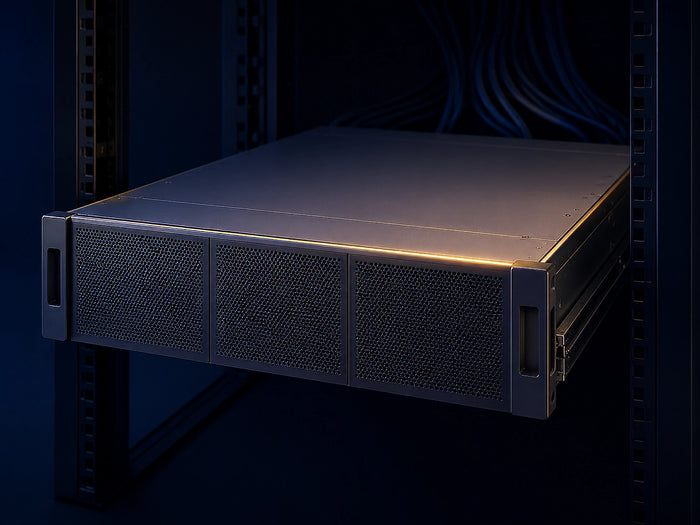 Abstract three-quarter chassis form in steel and graphite on deep navy with a single gold rim light, suggesting enterprise hardware.