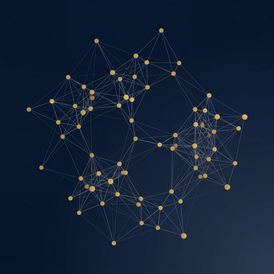Abstract network topology of gold nodes and steel connecting lines on deep navy, suggesting distributed national coverage.