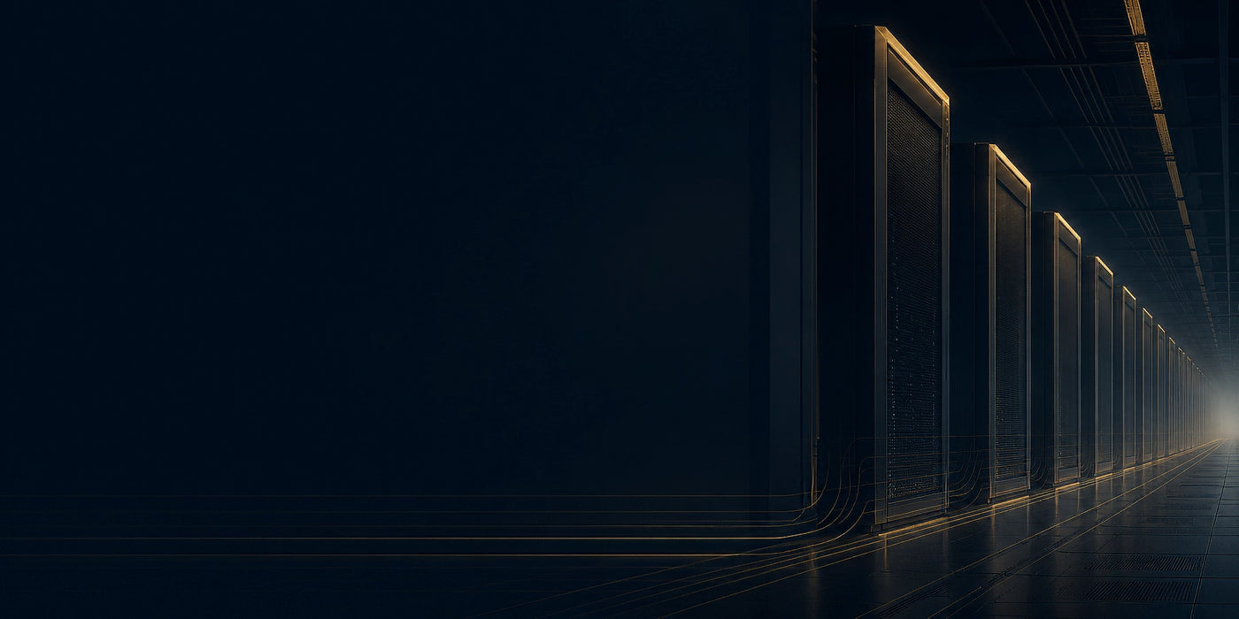 Abstract architectural rendering of enterprise data center geometry in deep navy with quiet gold accent lighting.