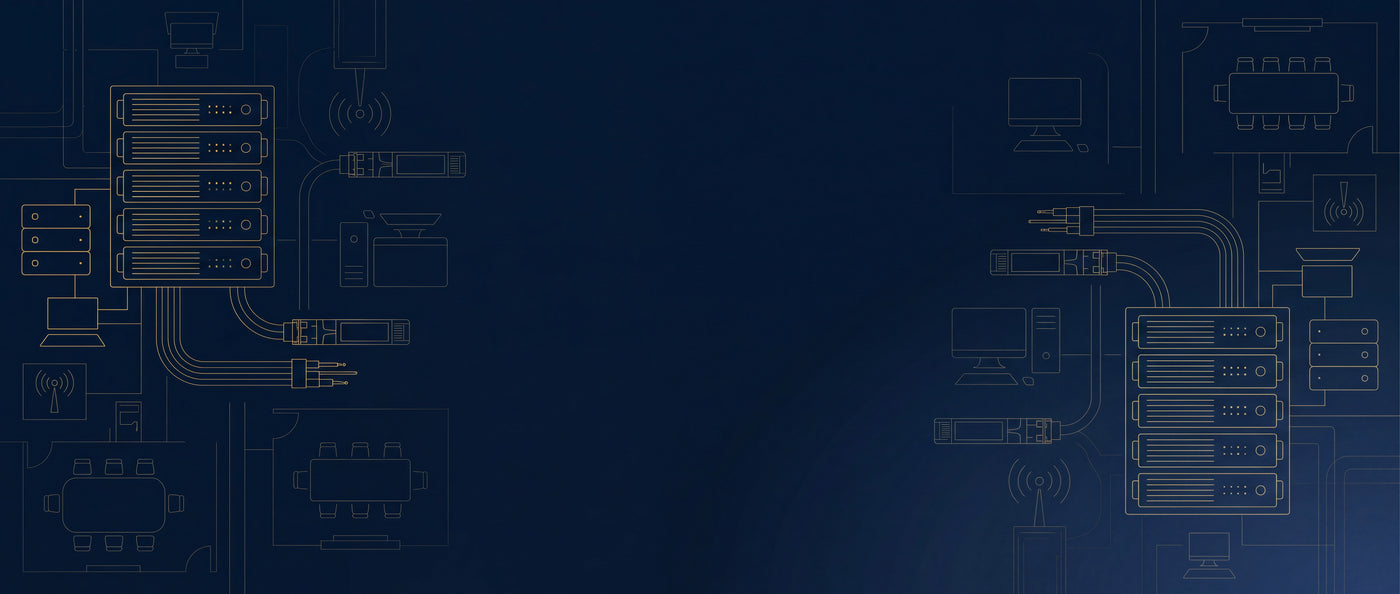 Primovant enterprise IT operations: a wide line-art composition of servers, networking, and workplace devices on midnight, designed to sit behind the hero headline.