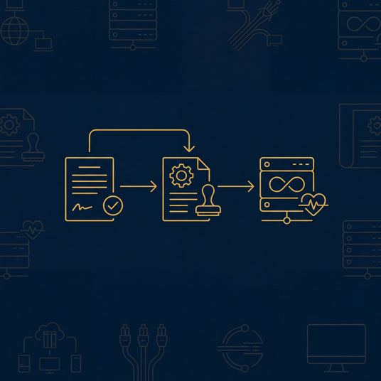 A square line-art diagram of the Primovant documented-delivery flow: written intake, documented qualification, steady state operations, rendered in gold on midnight.
